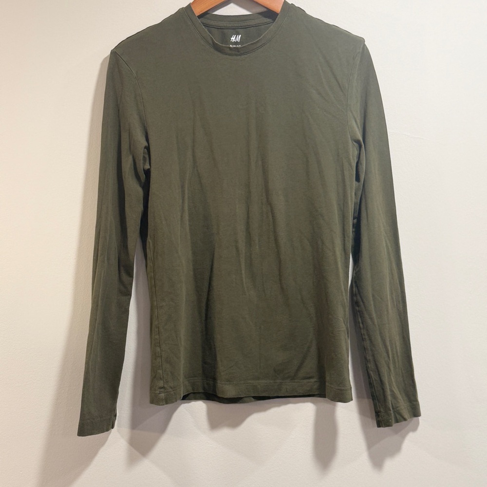 H&M Men's Dark‎ Olive Green Slim Fit Long Sleeve Tee Size S